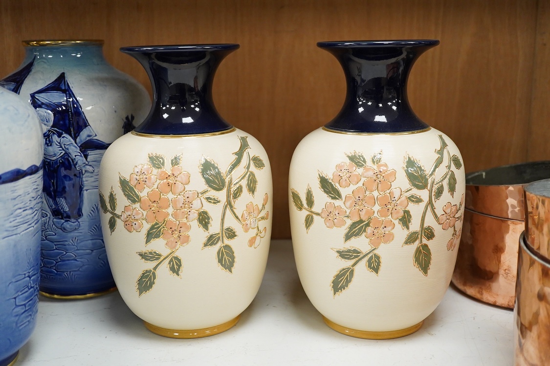 Three pairs of vases to include hexagonal Wilton ware and Delft blue and white, largest 26cm high